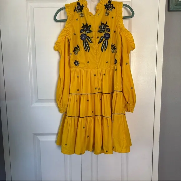 Anthropology Frock & Frill yellow velvet cold-shoulder dress w floral embroidery - Picture 4 of 15